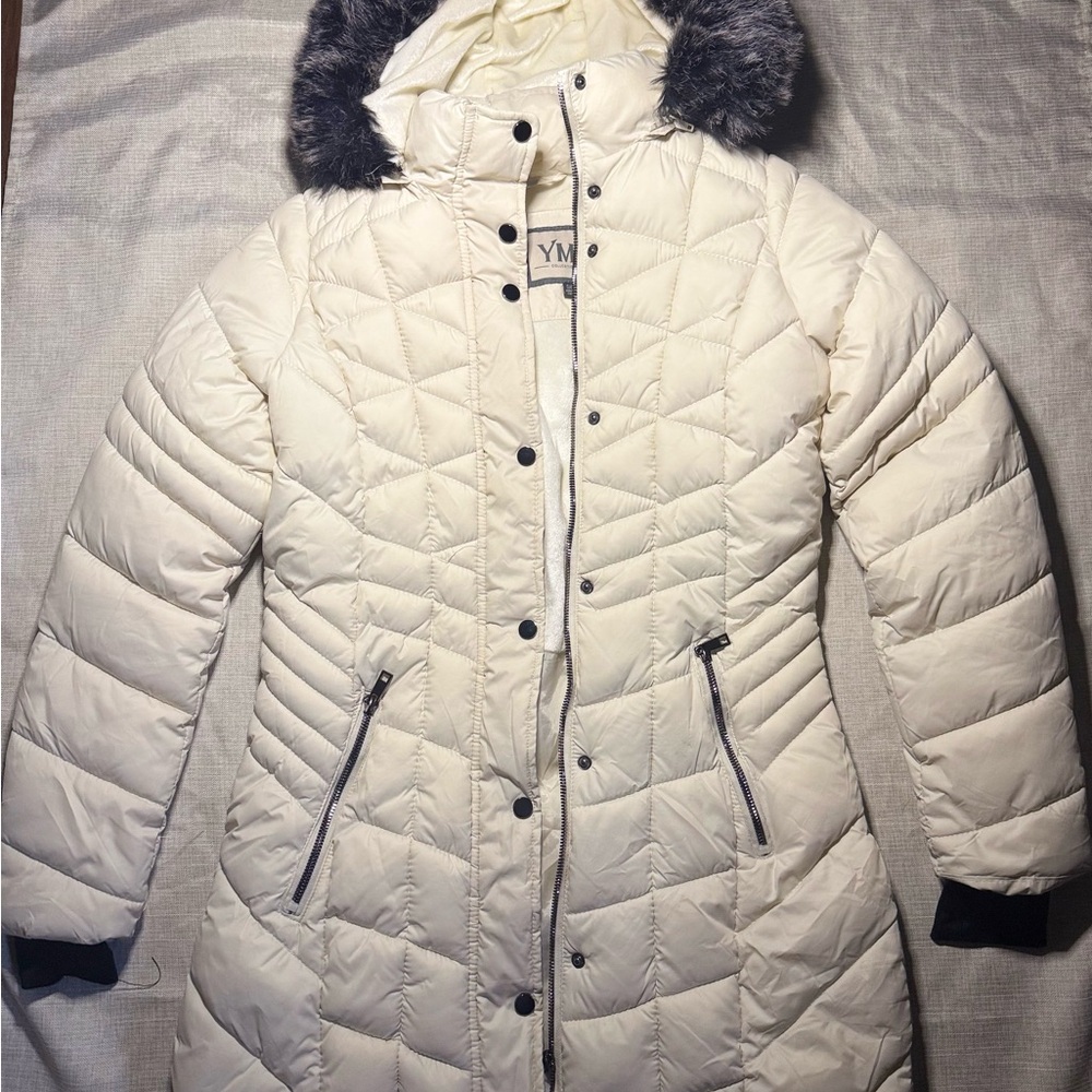 YMI Cream Puffer Jacket with Black Accents